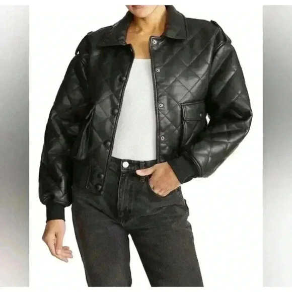 Rebecca Minkoff Women's Black Quilted Faux Leather Bomber Jacket Small NEW - Picture 1 of 7